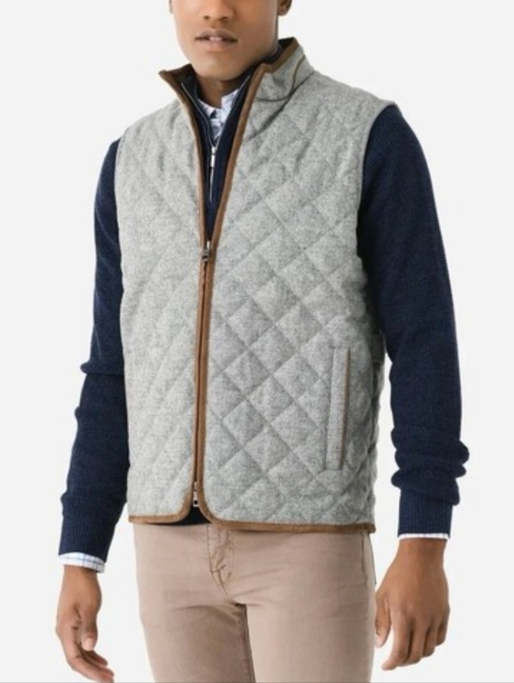Peter Millar Gray Quilted Vest with Brown Trim